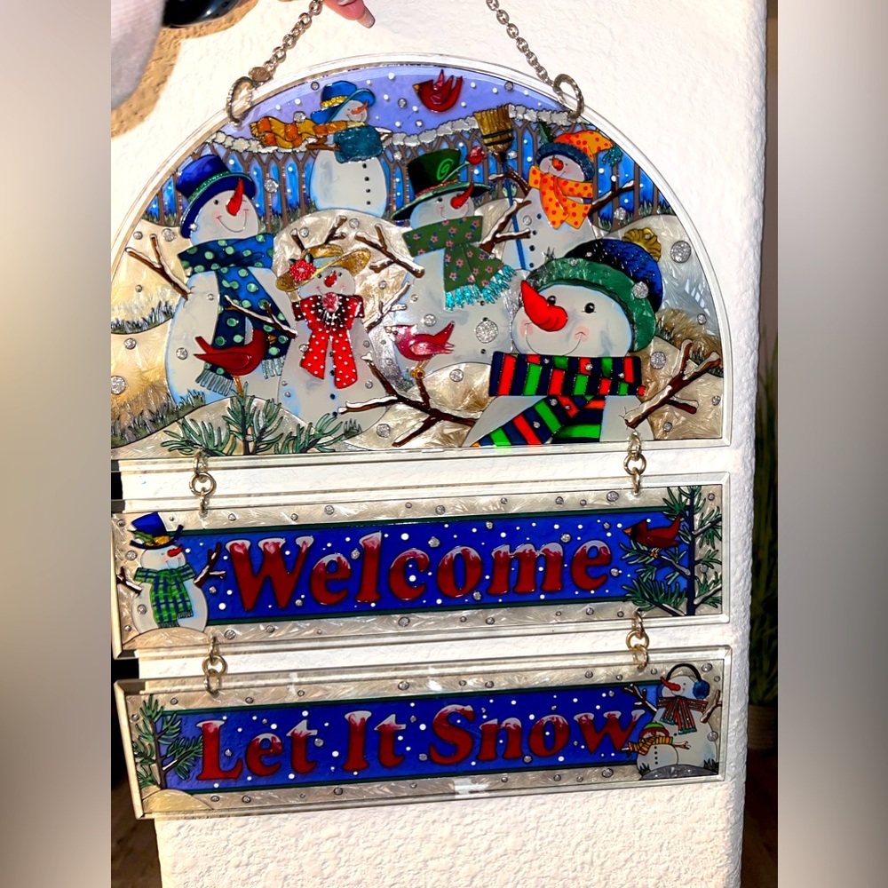 AMIA Christmas Stained Glass Snowmen Welcome, Let it Snow‎ Sign
